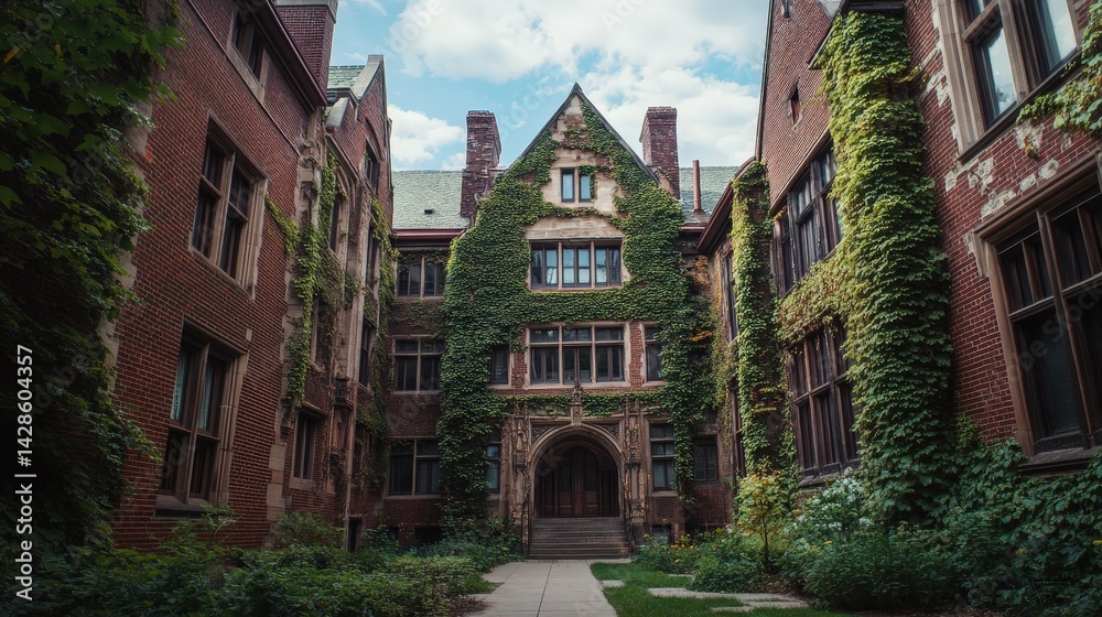 Fototapeta premium A university campus with historic brick buildings covered in ivy and wide open courtyards