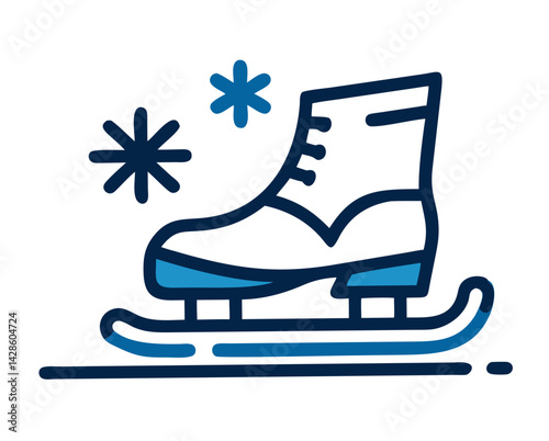 Ice Skate Icon Gliding on Frozen Lake with Snowflakes  