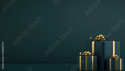 Dark green gifts with gold ribbons on dark background