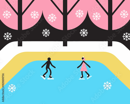 Two people ice skating on a frozen lake in a winter landscape  