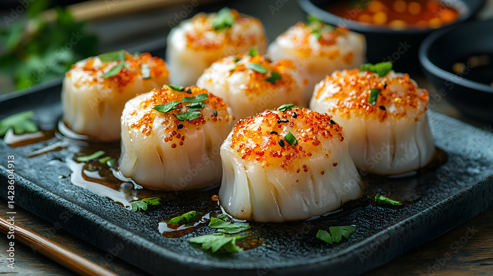 Dim Sum served on dark grey textured plate with fresh garnish top view