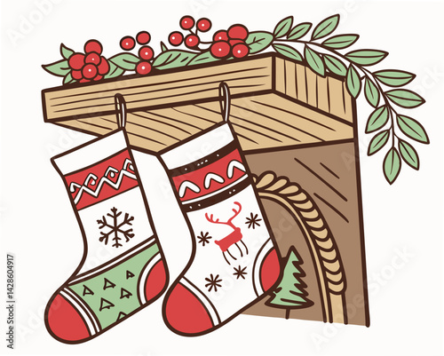 Christmas stockings hanging on a decorated mantel  