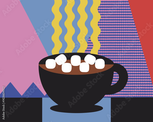 Hot cocoa with marshmallows in a colorful abstract style  