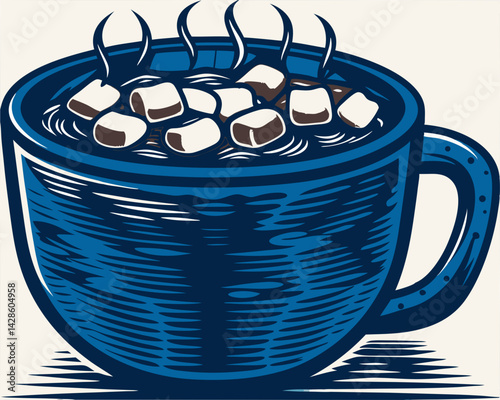 Hot cocoa with marshmallows in a blue mug against a cream background  