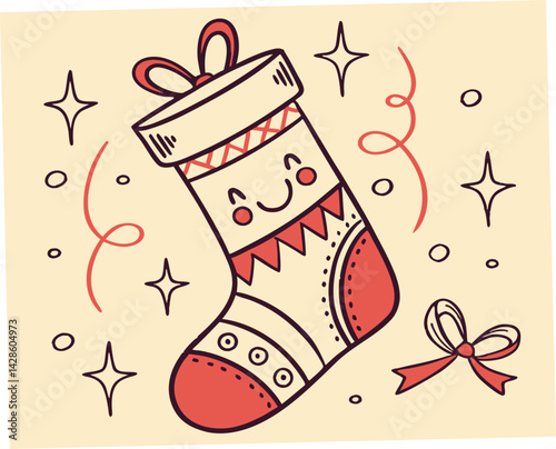 Christmas stocking illustration with cheerful face on light background  