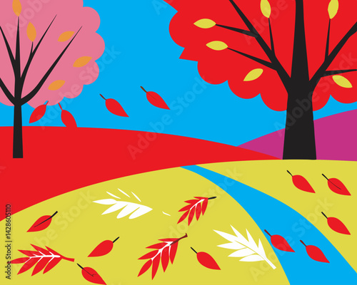 Colorful autumn landscape with trees and fallen leaves  