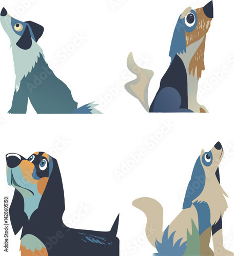Four dogs are shown in a row, with one of them looking up at the camera