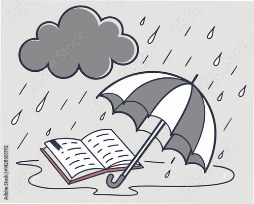 Open book under umbrella in rainy weather  