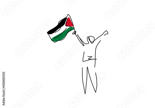 Minimalist line art of a figure raising hands while holding the Palestinian flag.