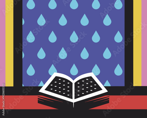 Rainy Day Scene with Open Book and Raindrops Background  