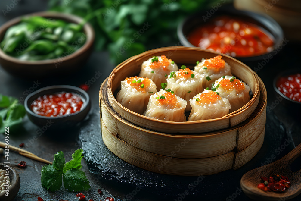 Dim Sum styled on rustic black stone table with side ingredients
