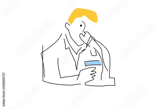 Minimalist line art illustrations of scientists and researchers working in a laboratory.