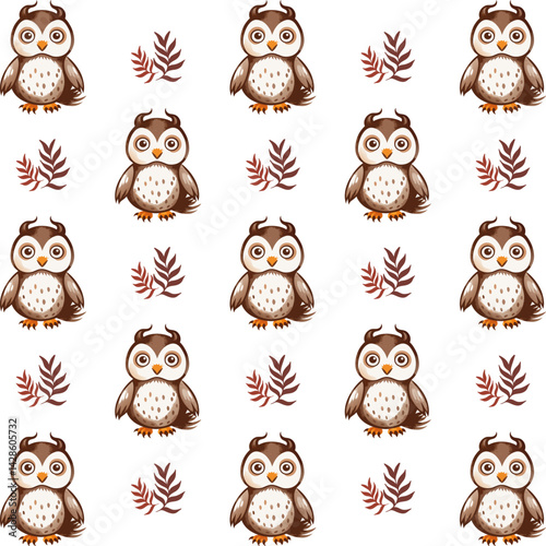 A pattern of owls and leaves