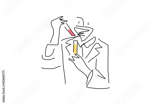 Minimalist line art illustrations of scientists and researchers working in a laboratory.