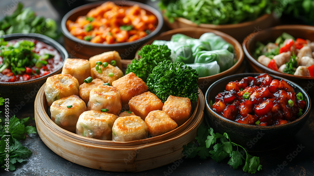 Dim sum with dumplings, spring rolls, and a variety of sauces