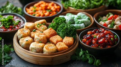 Obraz na płótnie Dim sum with dumplings, spring rolls, and a variety of sauces w salonie