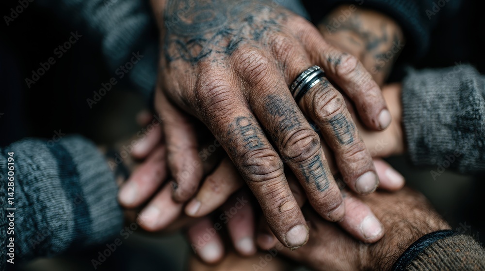 Fototapeta premium office team huddle showing hands stacked together varied skin tones rings tattoos inclusivity and teamwork symbol unity in business