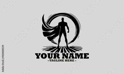 illustration of a heroic figure with a flowing cape and a distinctive emblem on their chest, standing dynamically. Superhero concept, superhero vector illustration and superhero logo design