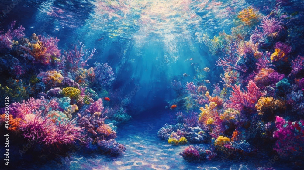 Naklejka premium A vibrant coral reef beneath crystal-clear water, teeming with colorful marine life.