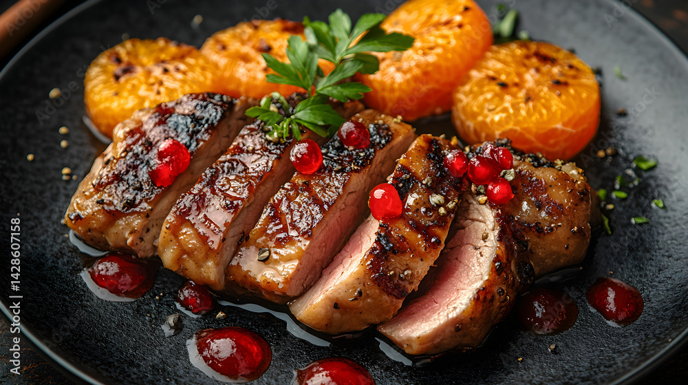 Duck à l'Orange served on dark grey textured plate with fresh garnish top view