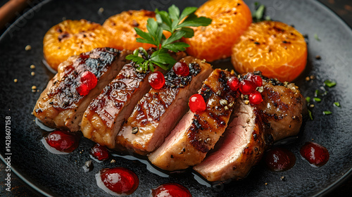 Obraz na płótnie Duck à l'Orange served on dark grey textured plate with fresh garnish top view w salonie
