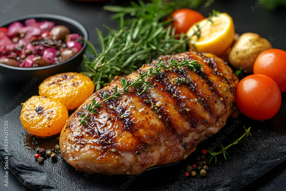 Duck à l'Orange styled on rustic black stone table with side ingredients