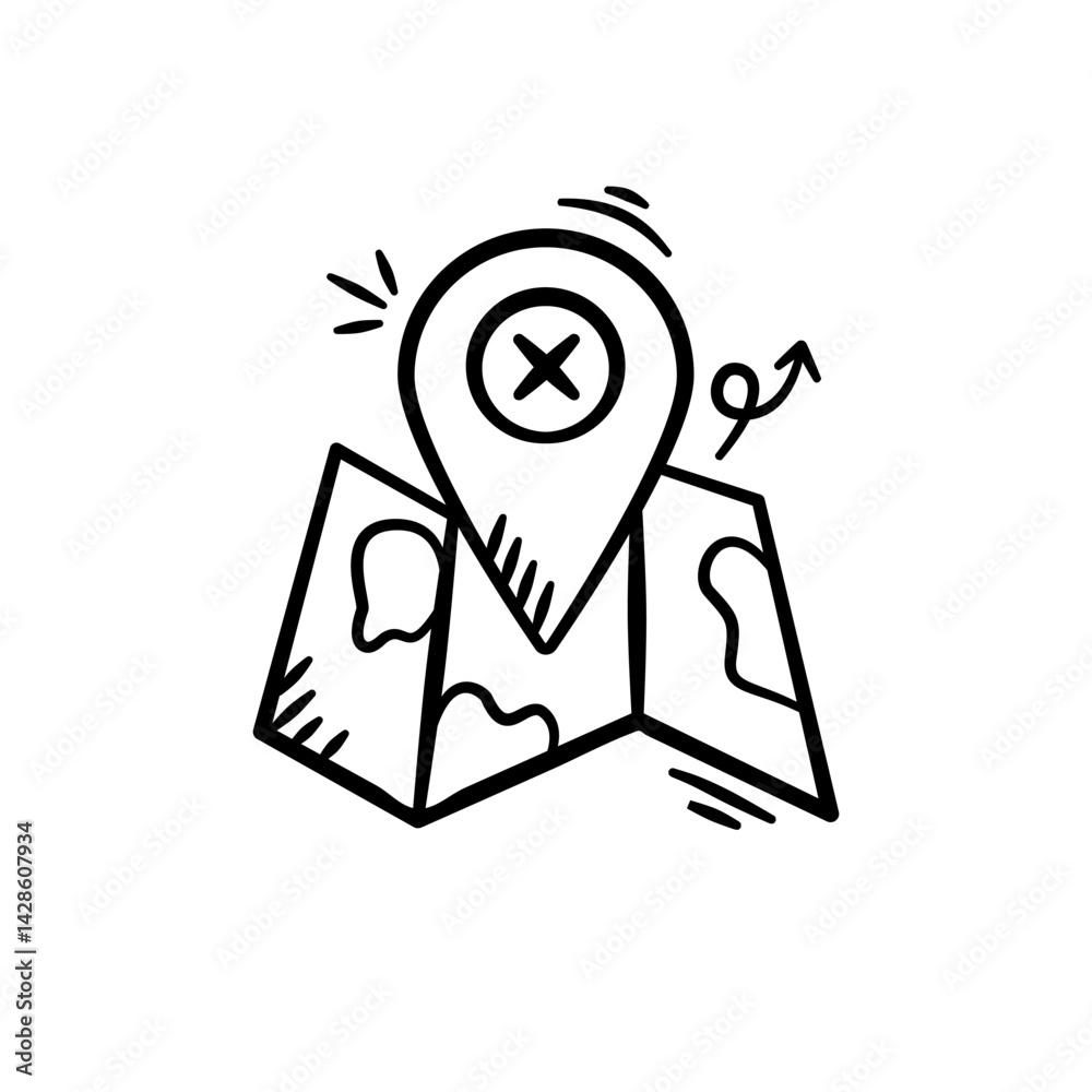 Map with pin location hand drawn illustration.Navigation pointer doodle icon in outline flat style vector. Map with pin location hand drawn illustration.Navigation pointer doodle icon in outline flat style vector.