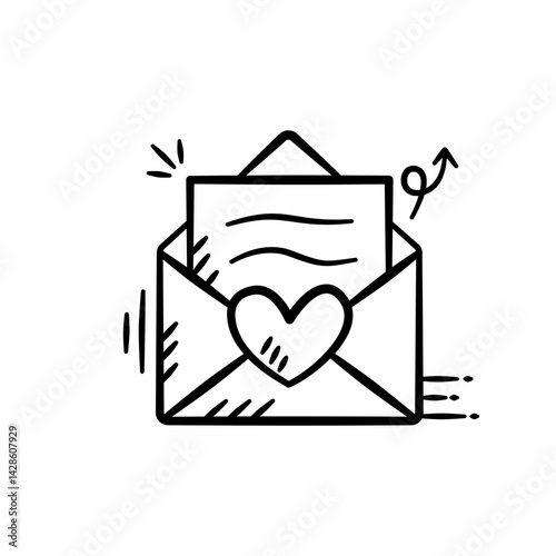 Love letters hand drawn illustration. Wedding invitation envelope with heart doodle icon in outline flat style vector.