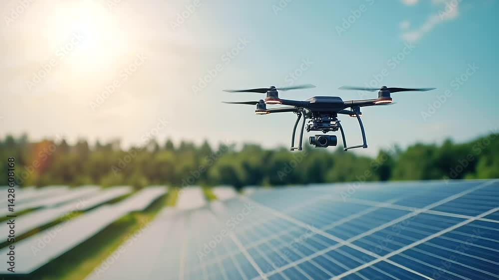 A high-tech drone hovers over a vast solar farm, capturing aerial footage of gleaming solar panels absorbing sunlight on a bright day.
