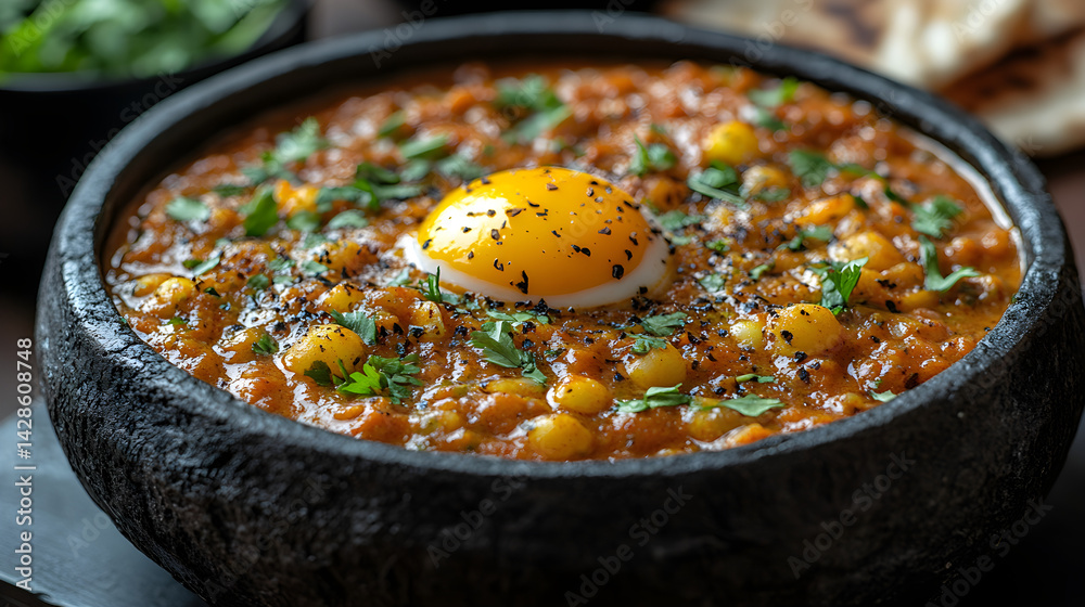 Egg Curry presented on a black textured surface with elegant side garnishing