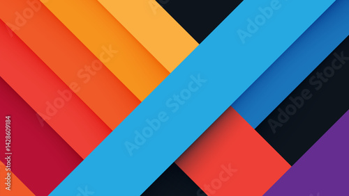 Vibrant geometric abstract background with overlapping diagonal shapes in bold, saturated colors including blue, orange, red, black, and purple.