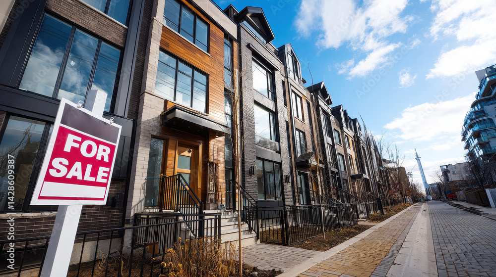 Fototapeta premium exterior view of a modern townhouse, “For Sale” sign in front, with a sunny day and clear blue skies, highlighting the property's architectural features