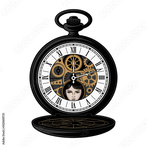 Stylized opened black pocket watch with Roman numerals on the dial, through which golden gears and a portrait of a woman's face are visible