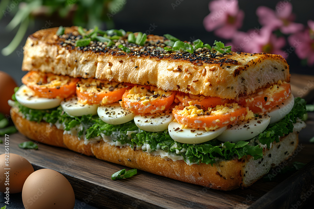 Egg Salad Sandwich styled on dark grey background with clean plating and props