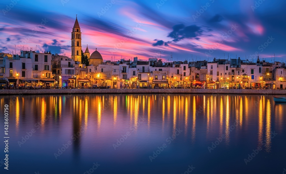 Obraz premium Coastal town at sunset, lights reflected on calm water