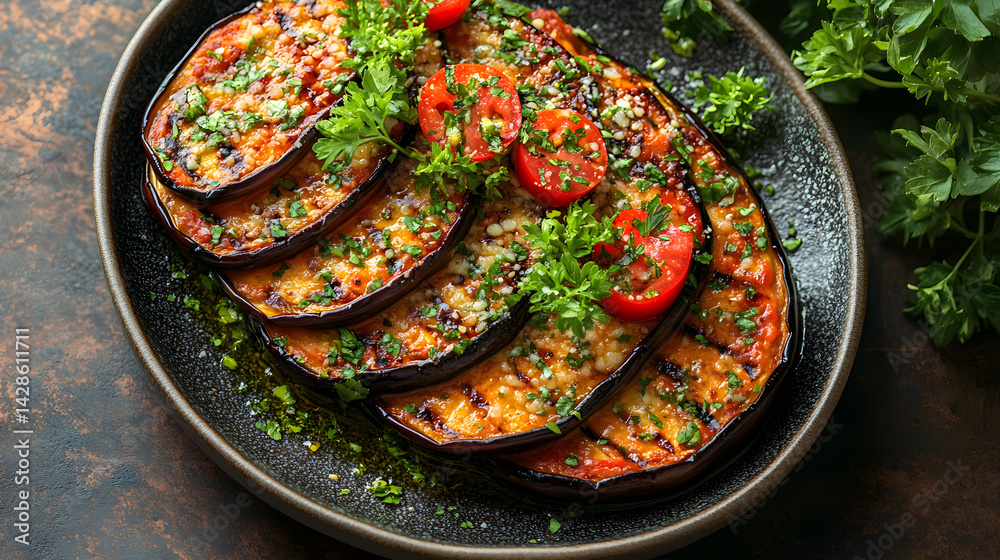 Eggplant Parmesan served on dark grey textured plate with fresh garnish top view