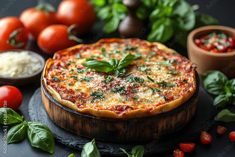 Eggplant Parmesan styled on rustic black stone table with side ingredients
