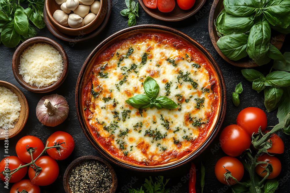 Eggplant Parmesan styled on rustic black stone table with side ingredients
