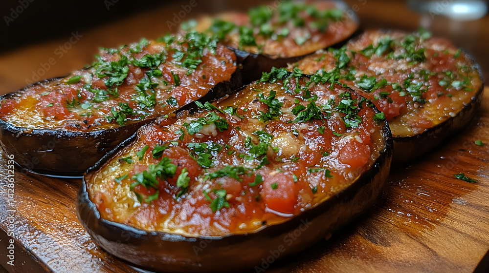 Eggplant parmesan with marinara sauce and melted mozzarella