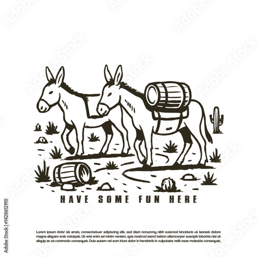 Hand drawn two donkey carrying a barrel in the middle of desert vector