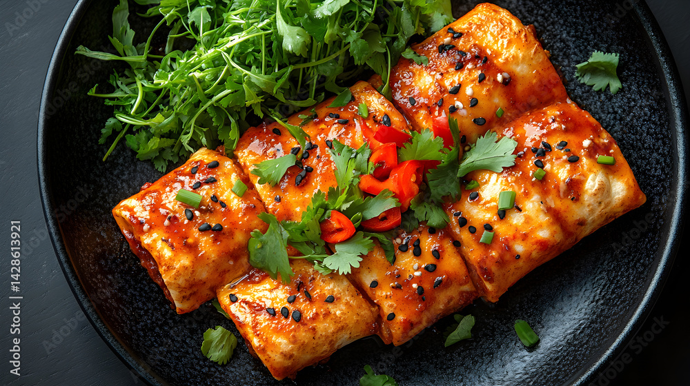 Enchiladas served on dark grey textured plate with fresh garnish top view