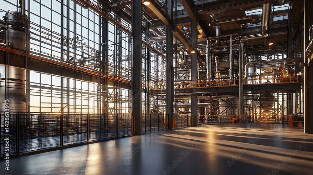 Industrial interior space with expansive windows and intricate metalwork. Industrial interior space with expansive windows and intricate metalwork.