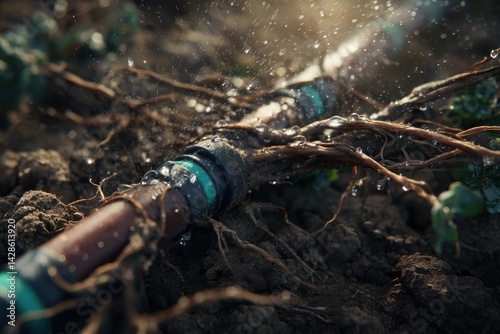 Irrigation Burst: Close-up of a damaged irrigation pipe spraying water, amidst exposed roots and fertile soil, symbolizing the vital relationship between water, agriculture.