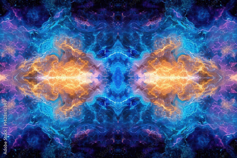 Abstract Digital Art with Blue, Orange, and Purple Cosmic Patterns