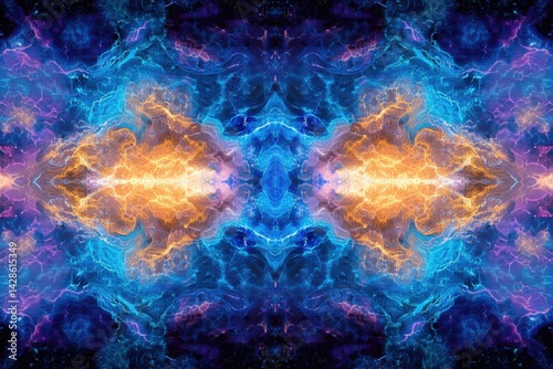 Obraz na płótnie Abstract Digital Art with Blue, Orange, and Purple Cosmic Patterns w salonie