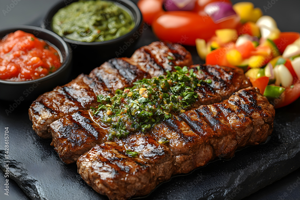 Fajitas styled on rustic black stone table with side ingredients