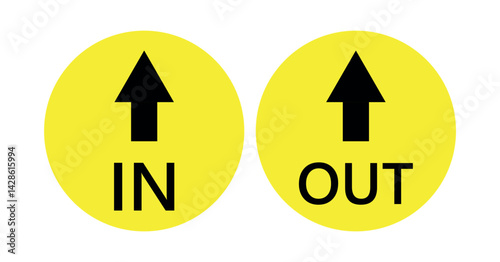  Yellow and black in and round warning direction info sticker badge icon with an arrow and text.vector icon