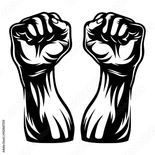 Two fists raised in solidarity and protest graphic black and white