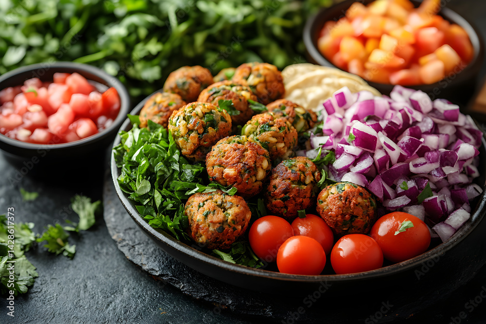 Falafel styled on rustic black stone table with side ingredients