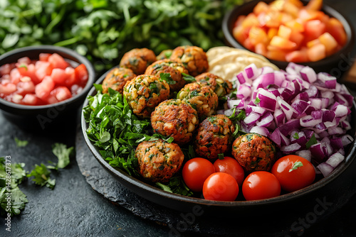 Obraz na płótnie Falafel styled on rustic black stone table with side ingredients w salonie